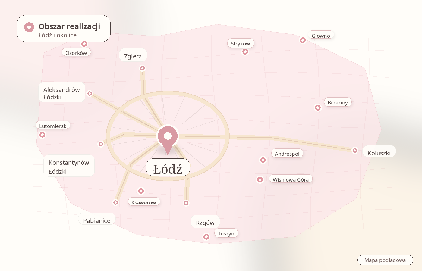 Poglądowy obszar realizacji My od Balonów — Łódź, Zgierz, Aleksandrów Łódzki, Konstantynów Łódzki, Pabianice, Rzgów, Koluszki, Stryków, Brzeziny, Andrespol, Wiśniowa Góra, Ksawerów, Tuszyn, Lutomiersk, Ozorków i Głowno