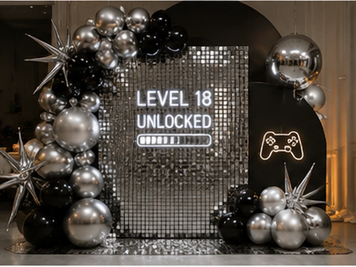 Level 18 Unlocked — przykładowa dekoracja balonowa