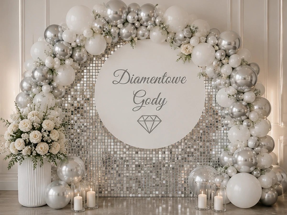 Diamentowe gody Silver — przykładowa dekoracja balonowa