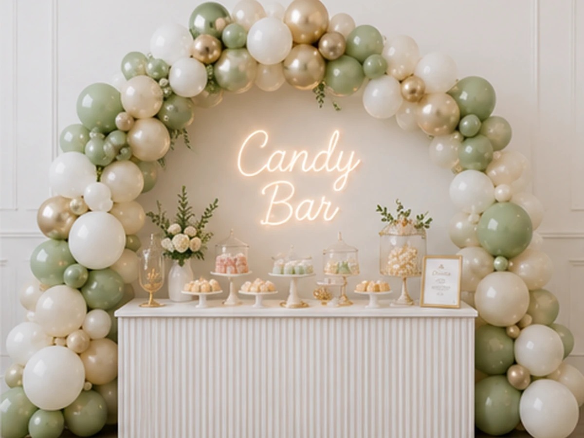 Candy bar z mini girlandą — przykładowa dekoracja balonowa