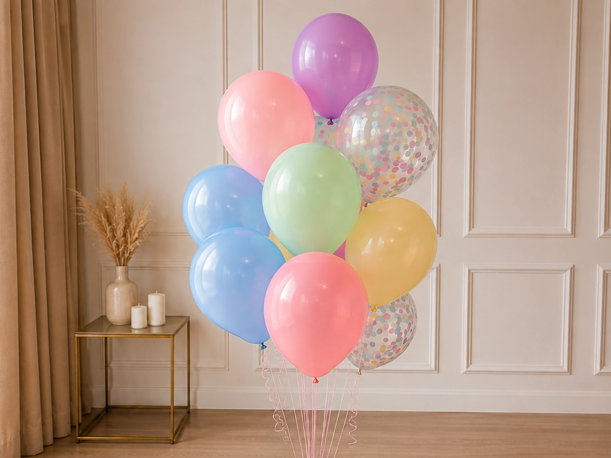 Pęk helowy Pastel Mix — przykładowa dekoracja balonowa