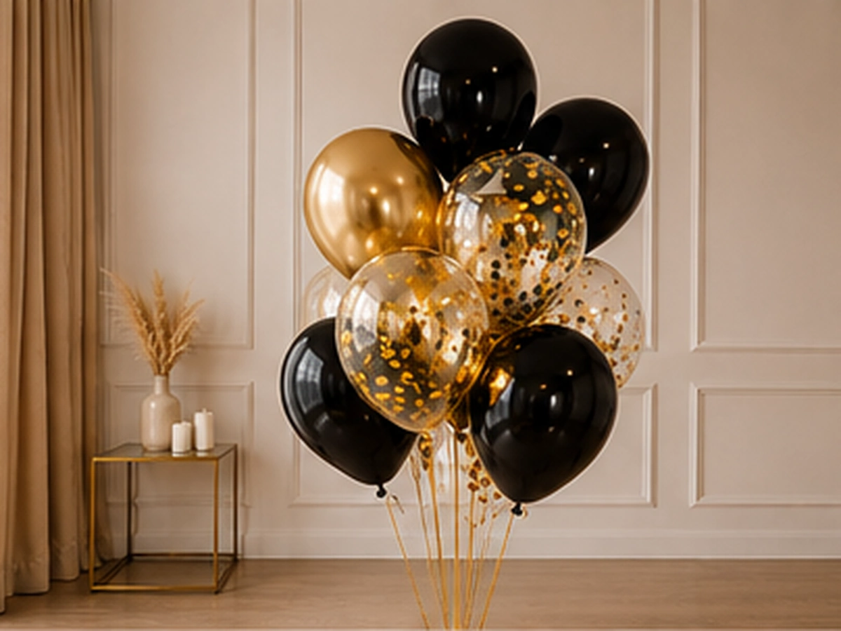 Pęk helowy Black & Gold — przykładowa dekoracja balonowa