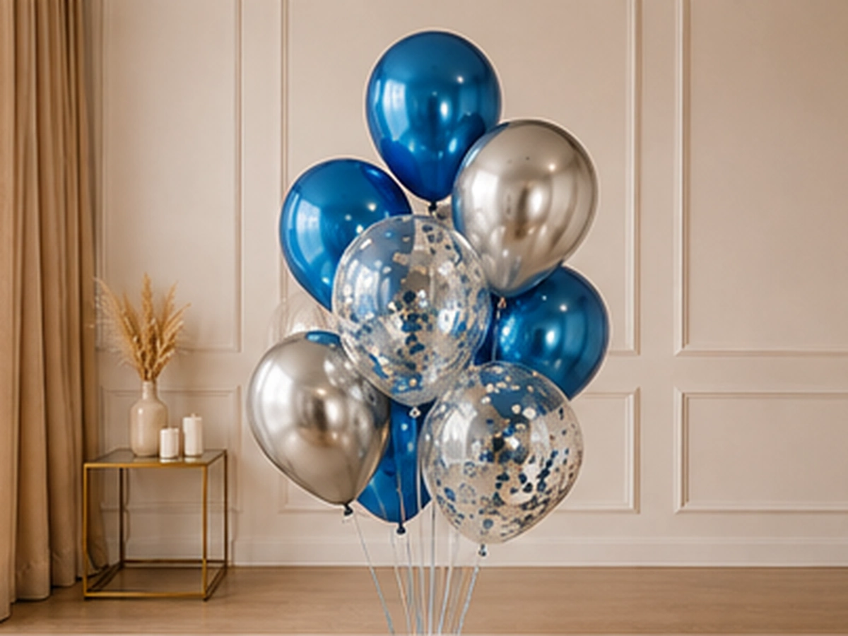 Pęk helowy Blue & Silver — przykładowa dekoracja balonowa