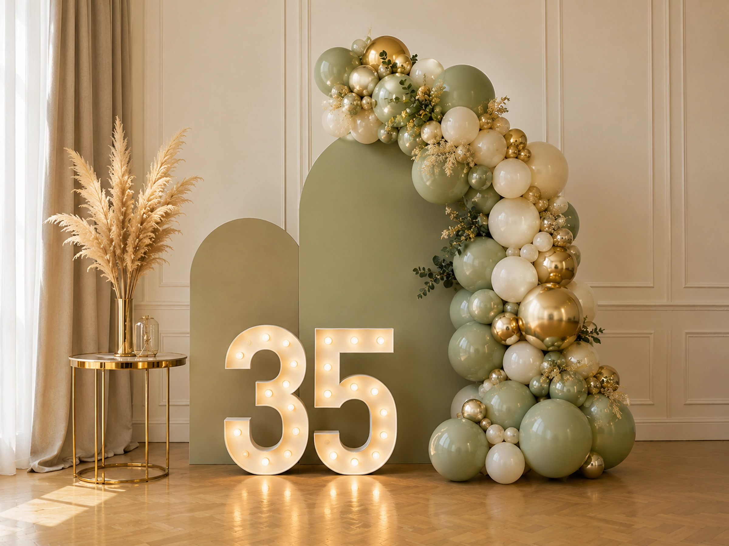 35. Sage & Gold — przykładowa dekoracja balonowa